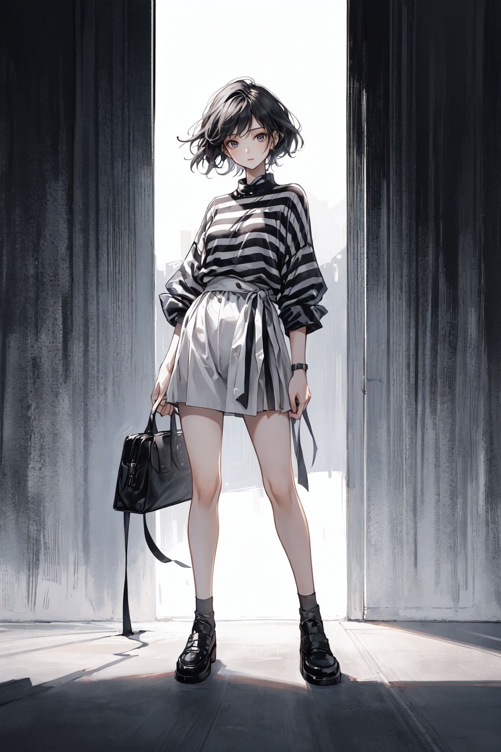  A HongKong style about 23 years old young girl, full body ,She is dressed in a Black striped shirt, white background , emphasizing the play of light and shadow, highlighting intricate details,It is available in both 4K and high-definition resolutions,Wuqiii,Wumag