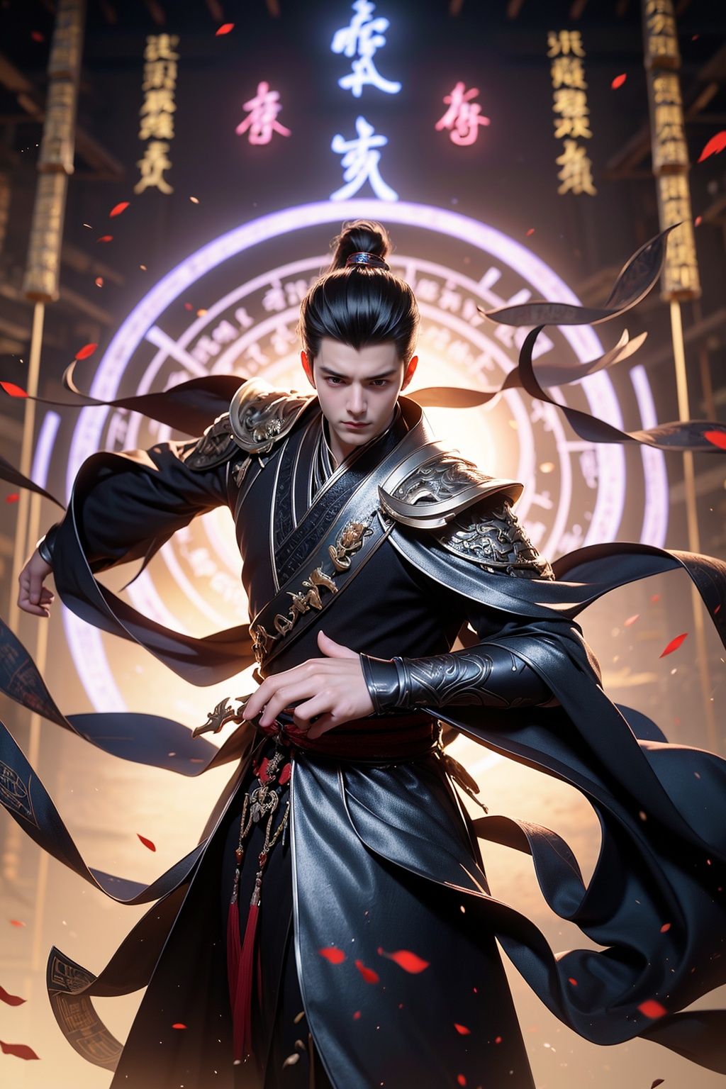 A Chinese teenager wearing a silver armor stands in the air, with characters in ancient Chinese novels shining brightly, handsome in silver clothes, gestures forming spells, martial arts immortality, palace game characters carrying gold runes around, cyberpunk style, neon lights, best image quality, 3D rendering, looking up, ultra wide angle, fisheye, lens focusing on the whole body, 16K, ultra high definition, high resolution, very detailed, best image quality,1 girl