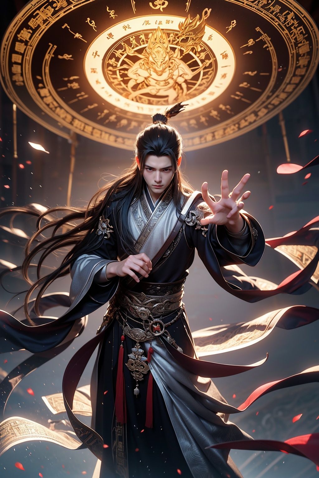 A Chinese teenager wearing a silver armor stands in the air, with characters in ancient Chinese novels shining brightly, handsome in silver clothes, gestures forming spells, martial arts immortality, palace game characters carrying gold runes around, cyberpunk style, neon lights, best image quality, 3D rendering, looking up, ultra wide angle, fisheye, lens focusing on the whole body, 16K, ultra high definition, high resolution, very detailed, best image quality,1 girl