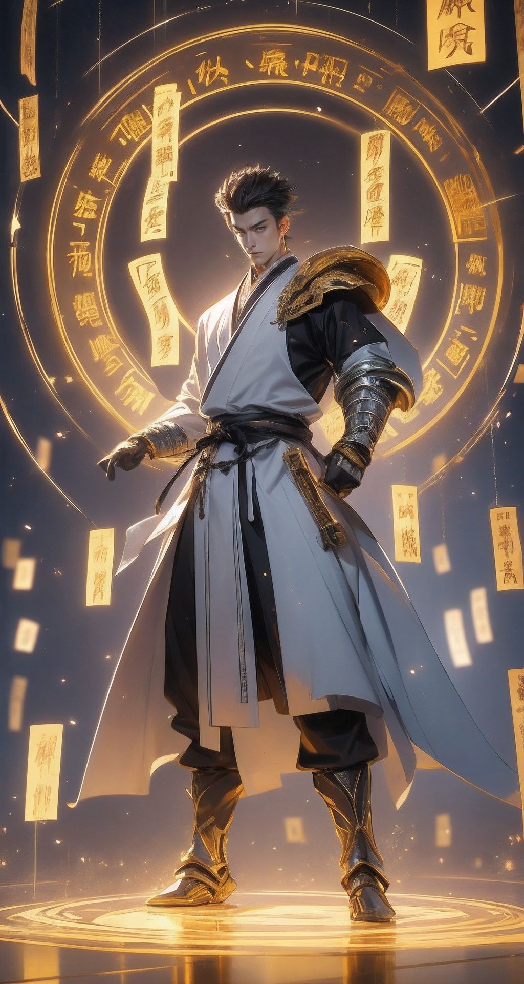 A Chinese teenager wearing a silver armor stands in the air, with characters in ancient Chinese novels shining brightly, handsome in silver clothes, gestures forming spells, martial arts immortality, palace game characters carrying gold runes around, cyberpunk style, neon lights, best image quality, 3D rendering, looking up, ultra wide angle, fisheye, lens focusing on the whole body, 16K, ultra high definition, high resolution, very detailed, best image quality,1 girl