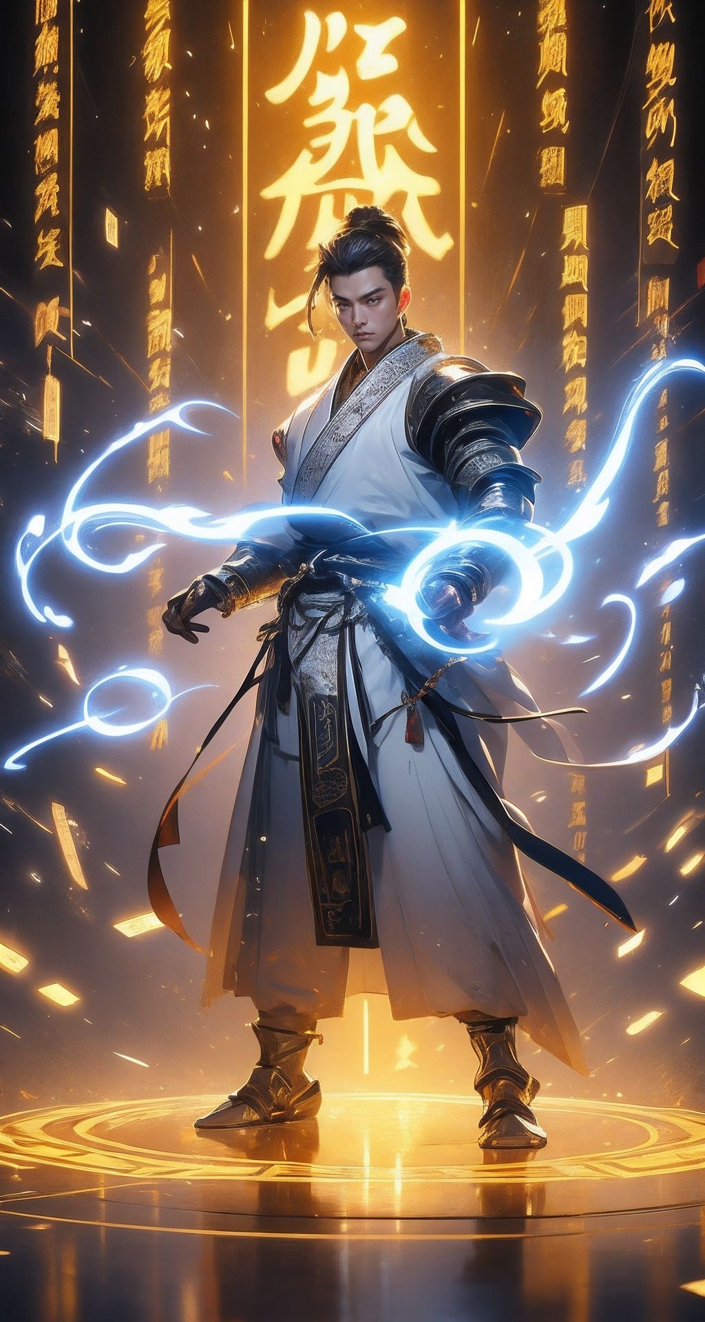 A Chinese teenager wearing a silver armor stands in the air, with characters in ancient Chinese novels shining brightly, handsome in silver clothes, gestures forming spells, martial arts immortality, palace game characters carrying gold runes around, cyberpunk style, neon lights, best image quality, 3D rendering, looking up, ultra wide angle, fisheye, lens focusing on the whole body, 16K, ultra high definition, high resolution, very detailed, best image quality,1 girl