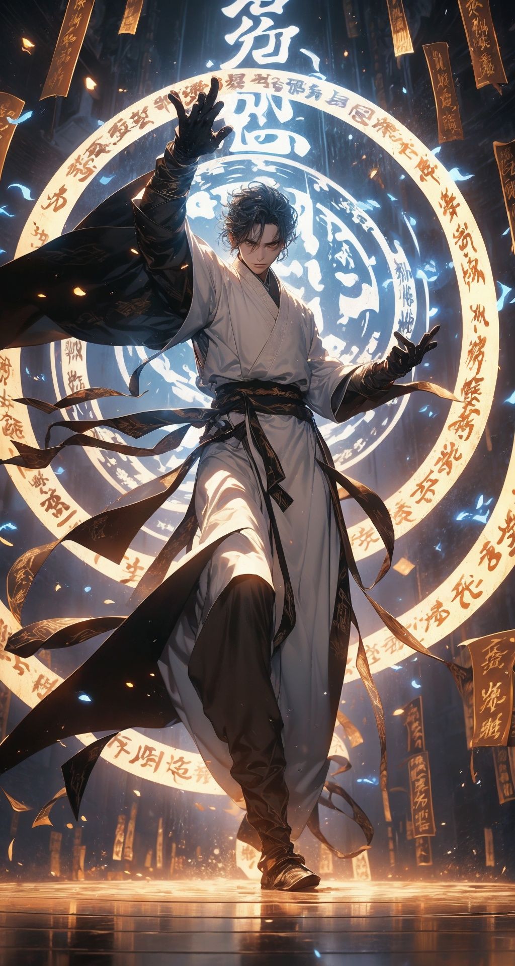 Ultra wide angle shooting, a girl dressed in an ancient mage costume, Hanfu, handsome, with gestures forming spells, martial arts and fairy tale atmosphere, carrying a sky filled with water vapor, game characters, water waves, without looking at the camera, writing calligraphy, surrounded by long and transparent scrolls, floating transparent Hanzi, dynamic action style, rotation, magical realism, dynamic action style, the highest quality, masterpiece, CG, HDR, high-definition, extremely fine, detailed face Superheroes, heroes, detail ultra high definition, OC rendering, Taoist runes