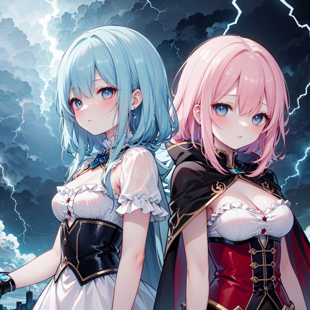 ((best quality)), ((masterpiece)), ((ultra-detailed)), (illustration), (detailed light), (an extremely delicate and beautiful), (2 girls:1.3), (cowboy shot),[(confrontation split screen theme)::0.35],/=(left-side<(girl a<((spread lots of red_Lightning on cape),(spread lots of red Lightning on frills bustier))> and red hair and(Lightning strike and (Electric shock:1.25)))>),(Detailed anime face),glowing pupil,/=(Back to back:1.2),(yuri:0.8),(Lightning-pov:1.3),/=(right-side<(girl b<((spread lots of blue_Lightning on cape),(spread lots of blue Lightning on frills bustier))> and blue hair and (Lightning strike and (Electric shock:1.25)))>),(Detailed anime face),glowing pupil,/=(night sky background),(cloudy sky),((electricity)),((wind)),Depth of Field,best-lighting,volumetric-light,