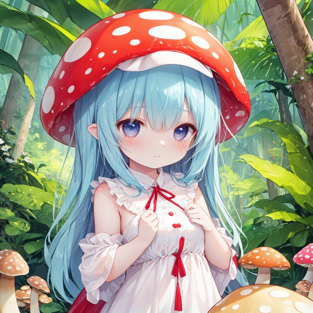 (1 loli:1.3), Forest after rain, Amazon rainforest, lots of tropical trees, palm trees, lots of giant mushrooms, lots of poison mushrooms, red and white spotted mushrooms, purple mushrooms, yellow mushrooms, white mushrooms, explosion mushrooms, charm mushrooms, fluorescent mushrooms(monsterification:1.3), (1 giant mushroom_girl, wearing Spotted dress, spotted mushroom hair), (spotted mushroom hat:1.2), (upper body), (cute face), beautiful eyes(detailed light), (extremely delicate and beautiful), volume light, best shadow, flash, Depth of field