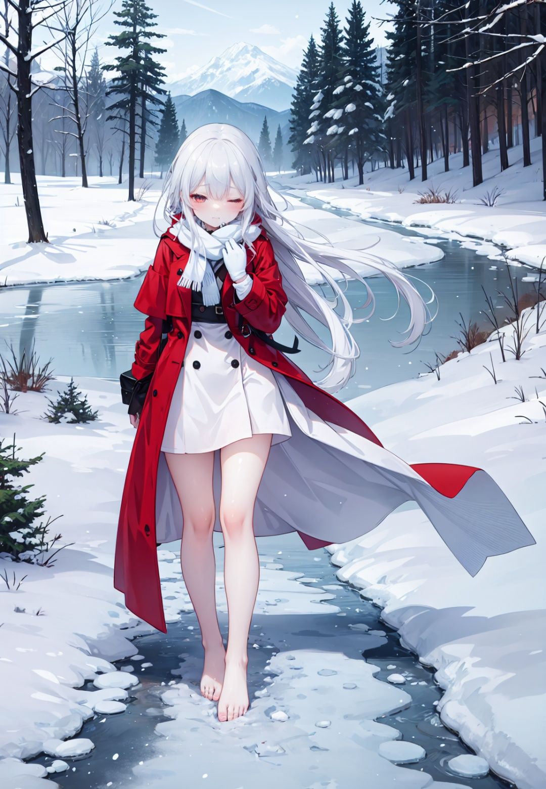 In the snow all over the sky, a girl walking alone in the snow, wearing red thin trench coat, with a white scarf, Bare legs, bare feet, Holding her body tightly,her head bowed, her eyes closed, her mouth pressed together, and she was about to cry, Long white hair blows in the wind, The detailed and beautiful face was depressed,step by step, behind is a series of footprints, the snow is very big, the biting wind blowing her scarf, the distance is unbroken snow mountains, in this evening, helpless forward.