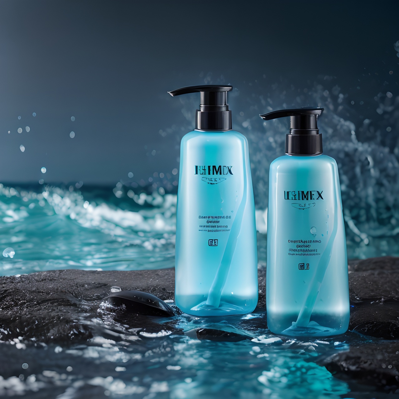 Blue (style)
RAW photo, (two light blue bottles), ((water), (black stone)), sea, Sea reflected light, high saturation, high brightness, ambient light, (subject lighting), 8k Ultra HD, SLR camera, strong light contrast, high quality, film texture, Fujifilm XT3, 