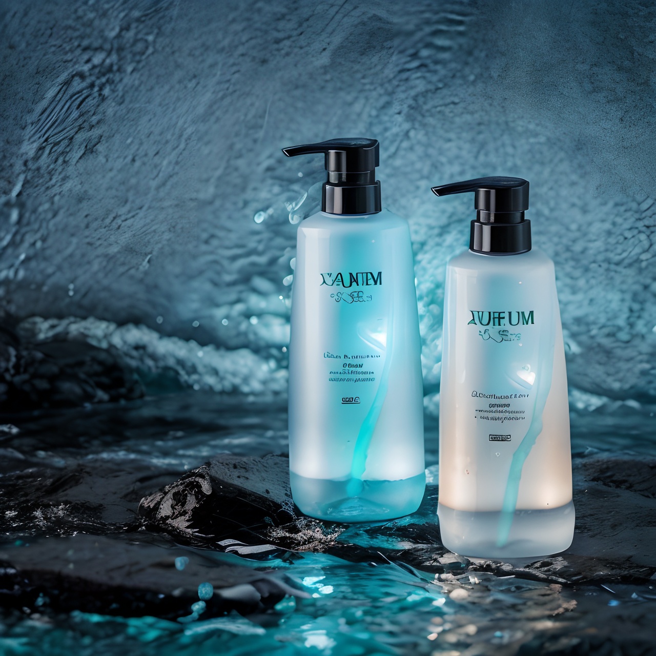 Blue (style)
RAW photo, (two light blue bottles), ((water), (black stone)), sea, Sea reflected light, high saturation, high brightness, ambient light, (subject lighting), 8k Ultra HD, SLR camera, strong light contrast, high quality, film texture, Fujifilm XT3, 