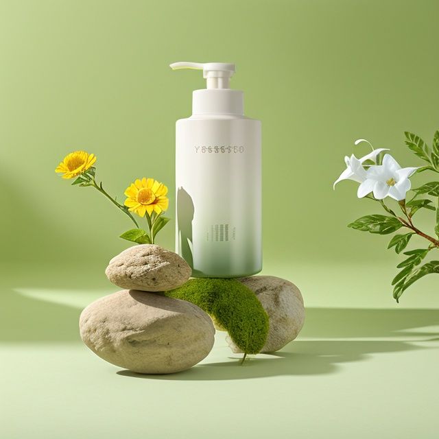 green(style),
 Huge flowers, Giant flowers Bottle,  White flower,  Chamomile,  lily,  stone,  gradient background,  green background,  High detail,  Simple,  Advanced,  ambient light