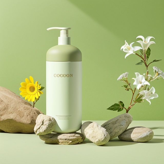 green(style),
 Huge flowers, Giant flowers Bottle,  White flower,  Chamomile,  lily,  stone,  gradient background,  green background,  High detail,  Simple,  Advanced,  ambient light