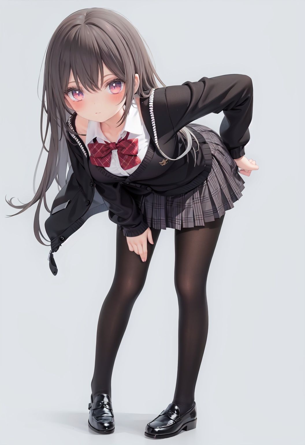  1girl, solo, pantyhose, skirt, long hair, loafers, shoes, simple background, school uniform, brown eyes, plaid, black pantyhose, plaid skirt, looking at viewer, black hair, pantyhose pull, full body, clothes pull, black footwear, pleated skirt, leaning forward, bangs, long sleeves, bent over, cardigan, bow, bowtie, standing, closed mouth, pulled by self, grey background, blush, miniskirt, red bow, sweater, **********