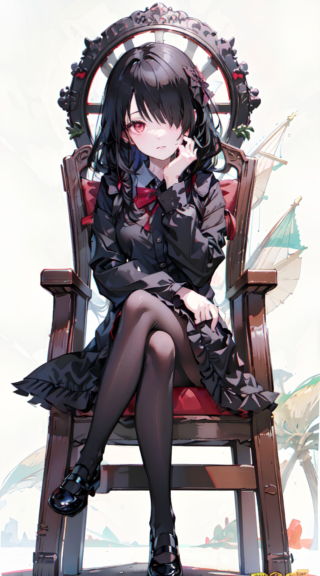 1girl, black footwear, black hair, black legwear, bow, chair, crossed legs, dress, full body, hair over one eye, hand on own face, long hair, long sleeves, looking at viewer, mary janes, pantyhose, red eyes, shoes, sitting, solo, transparent background, (beach:1.2)+<lora:时崎狂三188:0.8>, time mad three