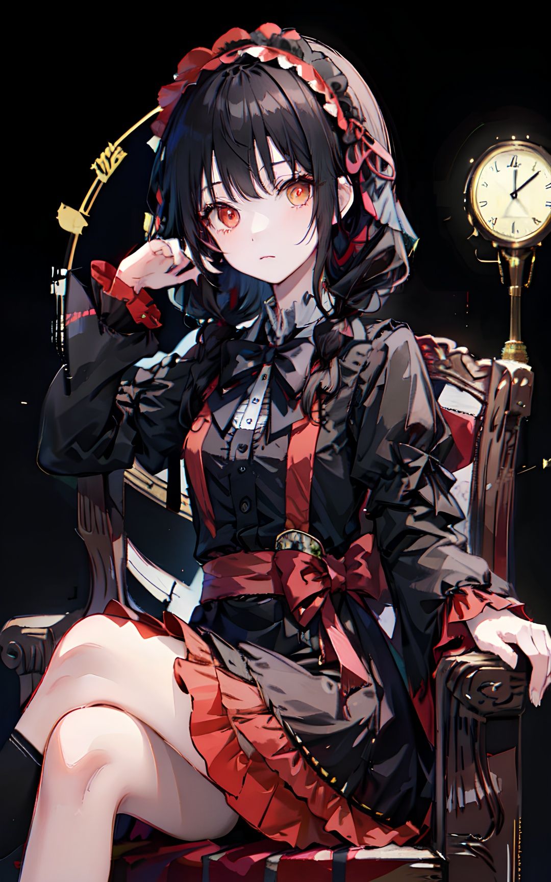 Girls, asymmetrical hair, black hair, bows, clock eyes, crossed legs, separate sleeves, dress, headband, Different colors, Lolita Fashion, Lolita headband, Long hair, Gaze at the audience, Red eyes, sitting, solo, symbolic pupil, Transparent background, Double tail braids, yellow eyes, tokisaki kurumi+(good hand:1.4)+<lora:二次元时崎狂三Lora:0.8>
