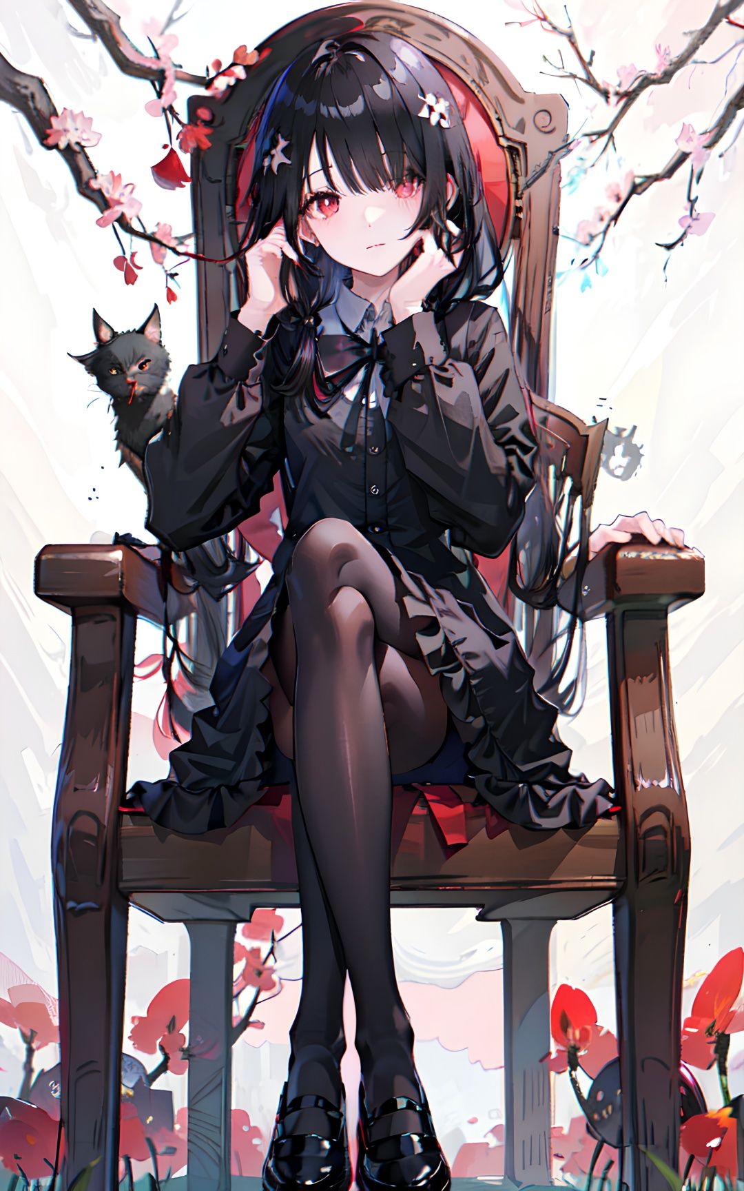 1girl, black footwear, black hair, black legwear, bow, chair, crossed legs, dress, full body, hair over one eye, hand on own face, long hair, long sleeves, looking at viewer, mary janes, pantyhose, red eyes, shoes, sitting, solo, transparent background+(Cherry tree:1.2)+<lora:二次元时崎狂三Lora:0.8>