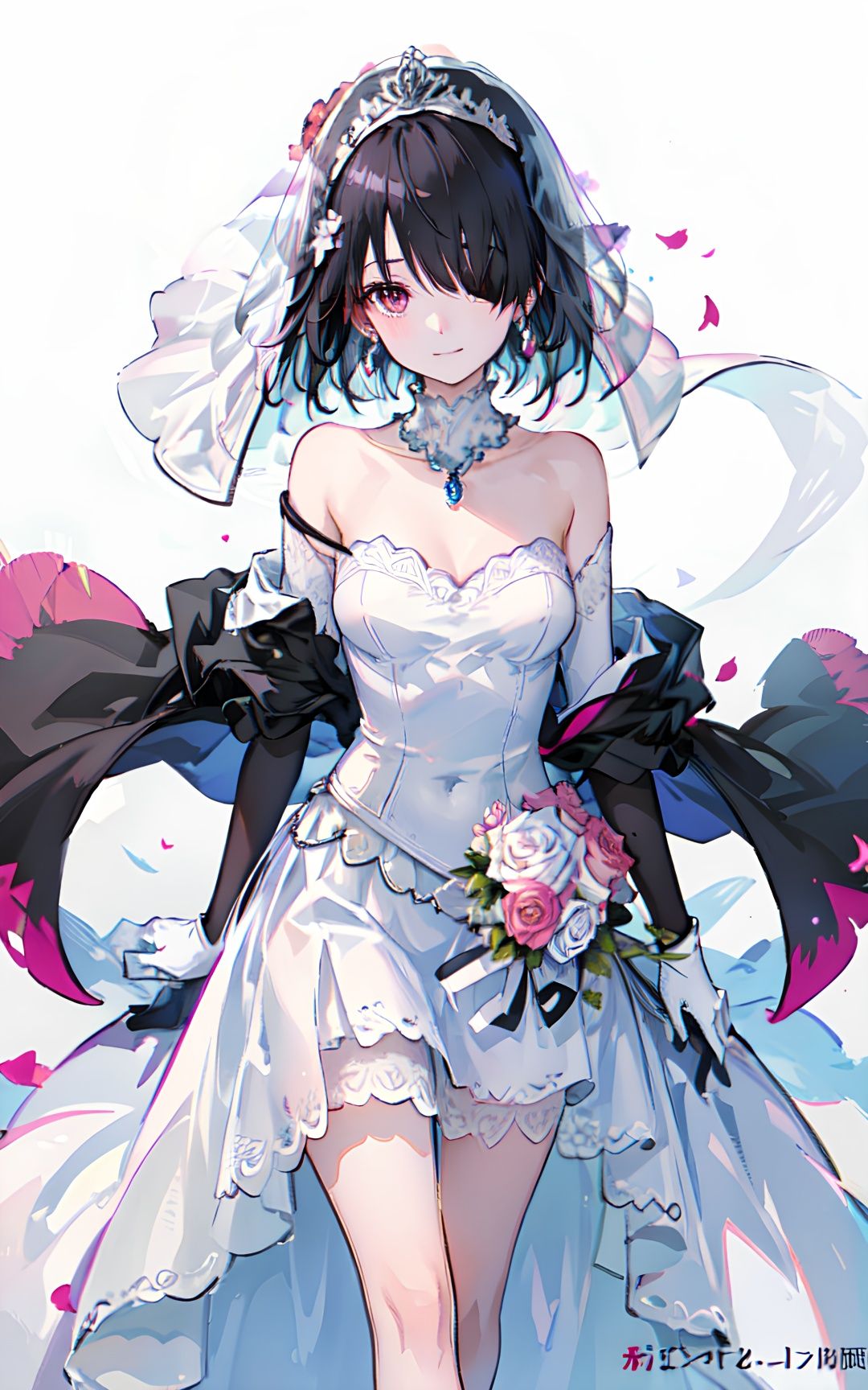 1 girl, off-the-shoulder, black hair, closed mouth, collarbone, skirt, elbow gloves, flowers, gloves, hair covering one eye, jewelry, necklace, rose, short hair, smile, solo, long legs, headdress, transparent background, veil, watermark, wedding dress, white dress, white gloves, white gaiters+(good hand:1.4)+<lora:二次元时崎狂三Lora:0.8>