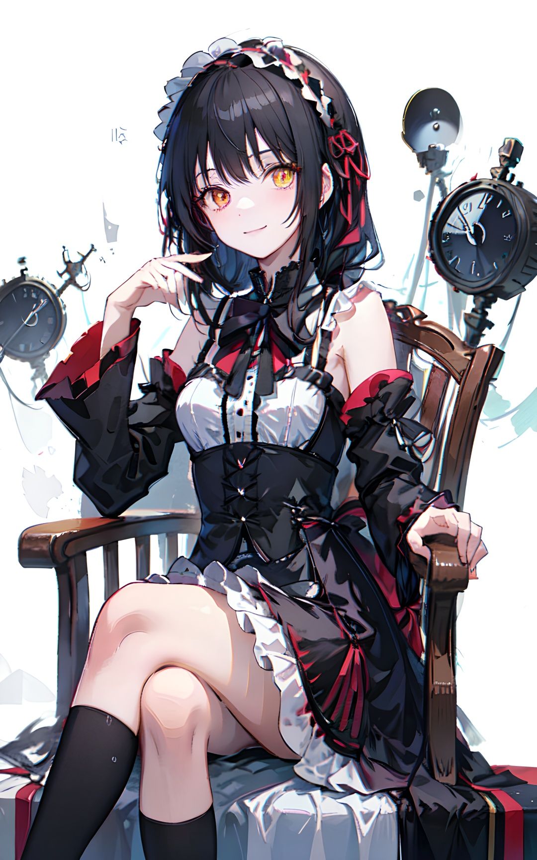 Girl, bare shoulders, black hair, clock eyes, crossed legs, separate sleeves, dress, headband, different colors, Lolita Fashion, Lolita headband, long hair, looking at the audience, red eyes, sitting, smiling, solo, symbol-shaped pupil, thighs, transparent background, slanted tail, yellow eyes, tokisaki kurumi, (Good hands :1.2)+(Bedroom :1.2)+<lora:二次元时崎狂三Lora:0.8>