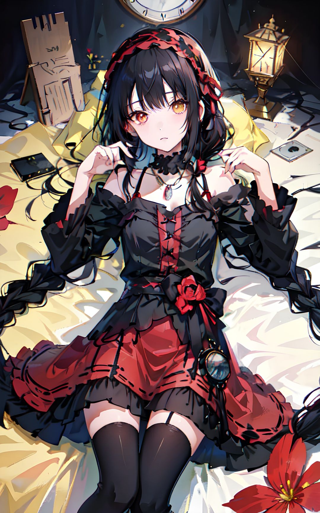 Girl, asymmetrical hair, black hair, black leg pants, necklace, clock eyes, clothes, headband, different colors, Lolita fashion, Lolita headband, long hair, looking at the audience, lying on the sea of flowers, red eyes, solo, symbol shaped pupil, thigh high, Double tail braid, yellow eyes, tokisaki kurumi+ (good hand:+.2)<lora:二次元时崎狂三Lora:0.8>