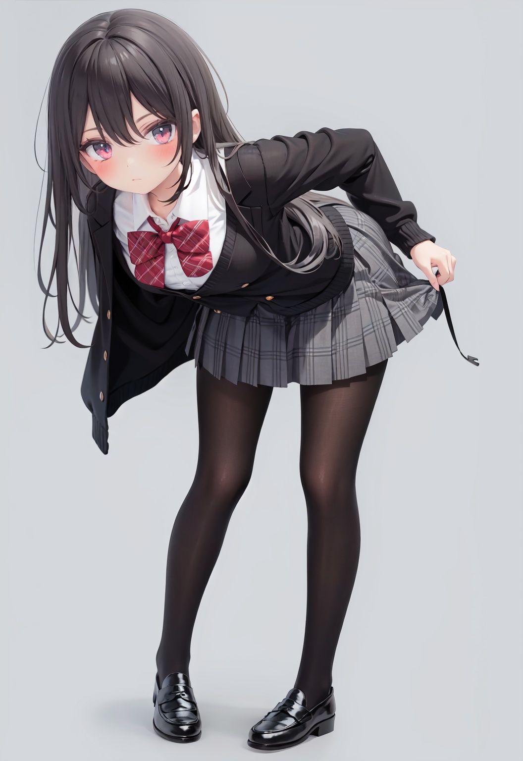  1girl, solo, pantyhose, skirt, long hair, loafers, shoes, simple background, school uniform, brown eyes, plaid, black pantyhose, plaid skirt, looking at viewer, black hair, pantyhose pull, full body, clothes pull, black footwear, pleated skirt, leaning forward, bangs, long sleeves, bent over, cardigan, bow, bowtie, standing, closed mouth, pulled by self, grey background, blush, miniskirt, red bow, sweater, **********