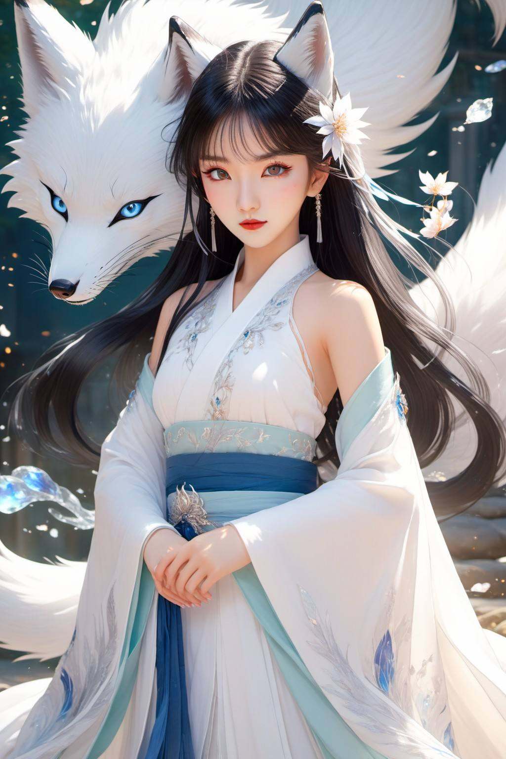 Anime style, (masterpiece: 1.3), best quality, animation works, 1girl, solo, long hair, bangs, hanfu, black hair, wide sleeve flowing fairy skirt, (nine tailed white fox), photos, 8k, complex, highly meticulous, majestic, digital photography, broken glass, (fine and delicate beautiful eyes: 1.2), hdr, lifelike, high-definition, animation style, key vision, vibrant, studio animation, highly detailed,，<lora:蔚蓝动物:0.7>