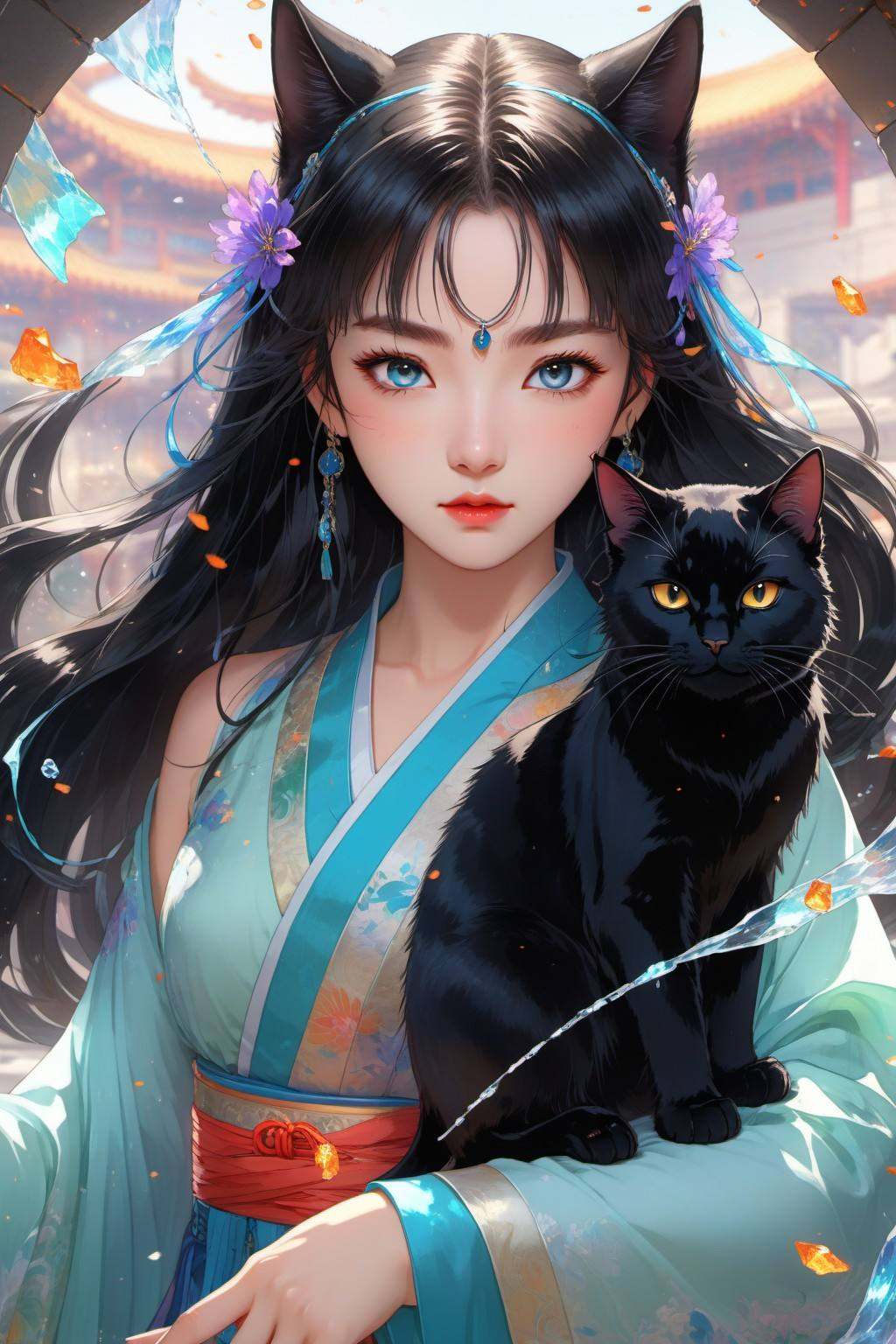 Anime style, (masterpiece: 1.3), best quality, animation works, 1girl, solo, long hair, bangs, hanfu, black hair, wide sleeve flowing fairy skirt, medium hair, (black cat), photos, 8k, complex, highly detailed, majestic, digital photography, broken glass, (fine and beautiful eyes: 1.2), hdr, lifelike, high-definition, animation style, key vision, vibrant, studio animation, highly detailed<lora:蔚蓝动物:0.7>
