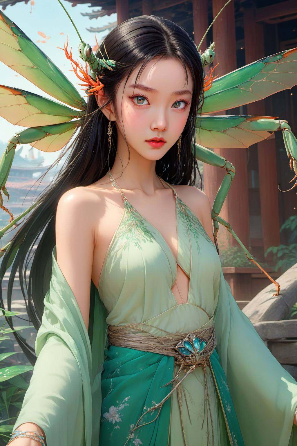 Anime style, (masterpiece: 1.3), best quality, animation works, 1girl, solo, long hair, bangs, hanfu, black hair, wide sleeve flowing fairy skirt, (giant mantis), photos, 8k, complex, highly detailed, majestic, digital photography, broken glass, (fine and delicate beautiful eyes: 1.2), hdr, lifelike, high-definition, animation style, key vision, vibrant, studio animation, highly detailed,,<lora:蔚蓝动物:0.7>