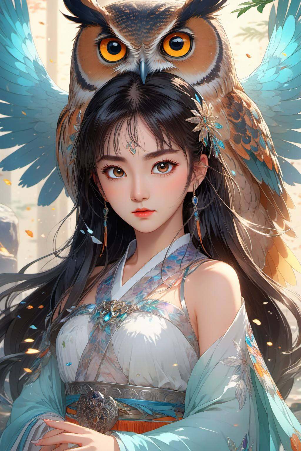 Anime style, (masterpiece: 1.3), best quality, animation works, 1girl, solo, long hair, bangs, hanfu, black hair, wide sleeve flowing fairy skirt, (owl), photos, 8k, complex, highly detailed, majestic, digital photography, broken glass, (fine and delicate beautiful eyes: 1.2), hdr, lifelike, high-definition, animation style, key vision, vibrant, studio animation, highly detailed，<lora:蔚蓝动物:0.7>