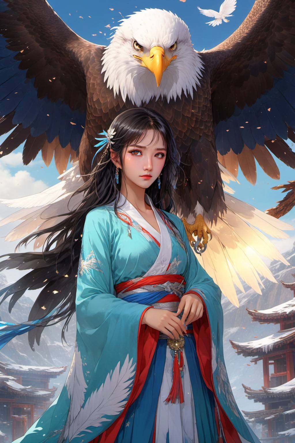 Anime style, (masterpiece: 1.3), best quality, animation works, 1girl, solo, long hair, bangs, hanfu, black hair, wide sleeve flowing fairy skirt, (bald eagle), photos, 8k, complex, highly detailed, majestic, digital photography, broken glass, (fine and delicate beautiful eyes: 1.2), hdr, lifelike, high-definition, animation style, key vision, vibrant, studio animation, highly detailed,，<lora:蔚蓝动物:0.7>