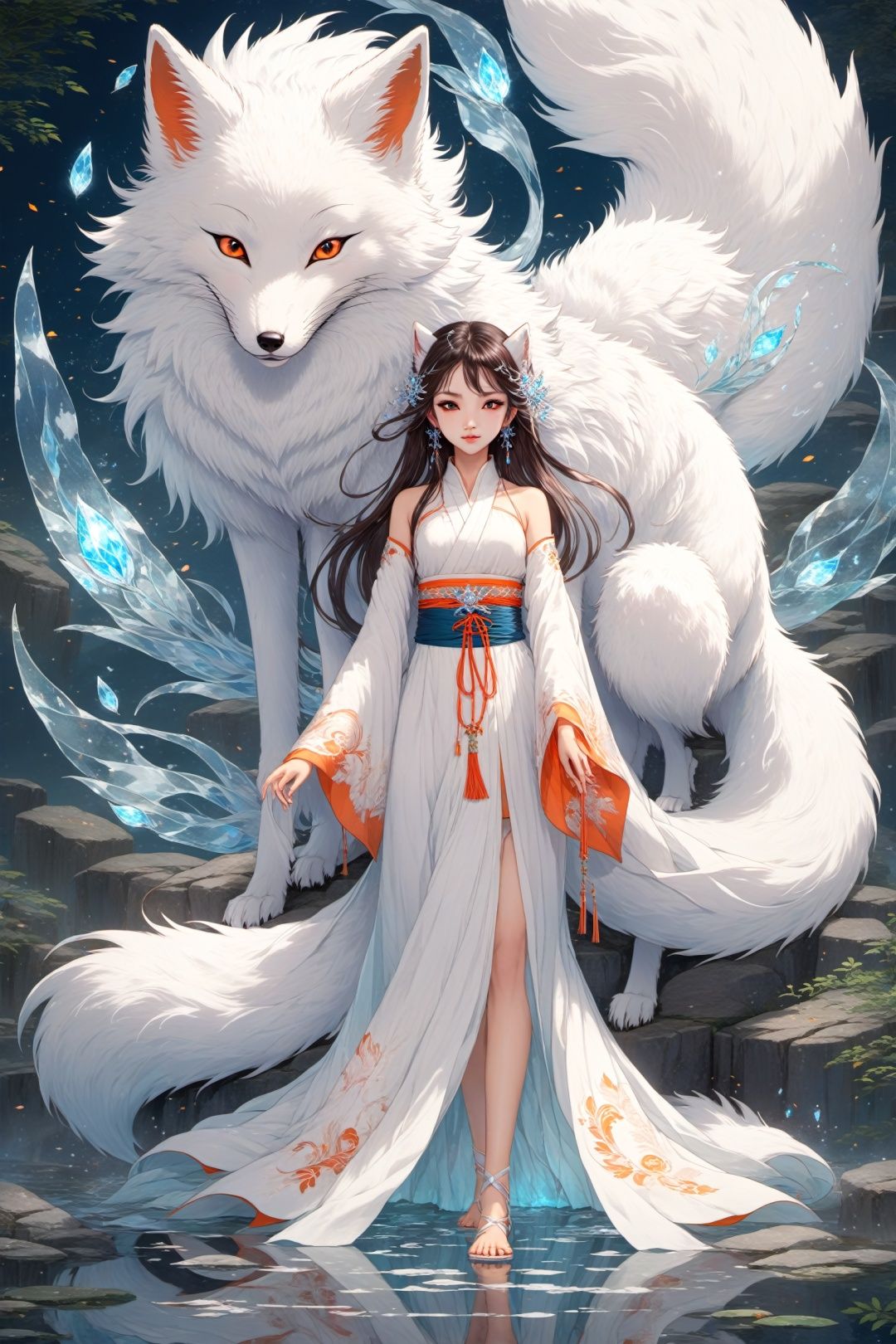  Anime style, (masterpiece: 1.3), top quality, anime works, 1girl, solo, long hair, bangs, hanfu, brunette, wide-sleeved flowing fairy skirt, (nine-tailed white fox), photo, 8k, complex, highly detailed, majestic, digital photography, broken glass, (fine and delicate beauty: 1.2), hdr, realistic, high definition, animation style, key visual, vibrant, studio animation, highly detailed,