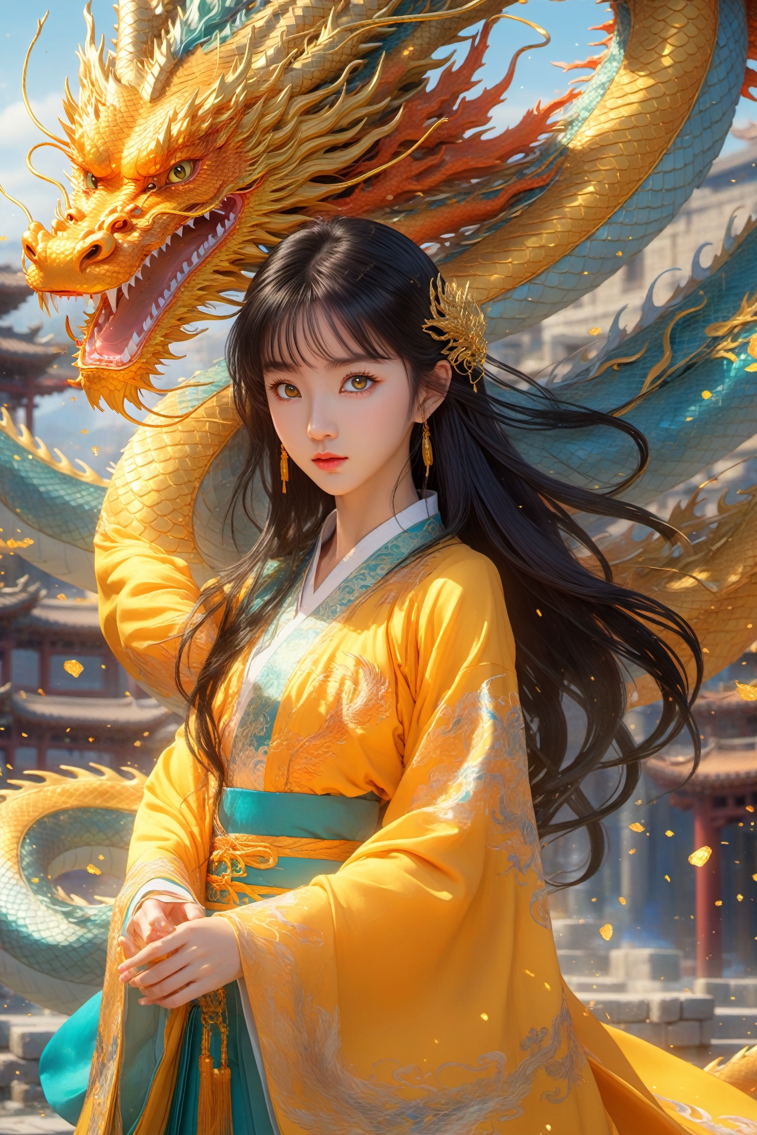  Anime style, (masterpiece: 1.3), best quality, animation works, 1girl, solo, long hair, bangs, hanfu, black hair, wide sleeve flowing fairy skirt, (golden dragon), photos, 8k, complex, highly detailed, majestic, digital photography, broken glass, (fine and delicate beautiful eyes: 1.2), hdr, lifelike, high-definition, animation style, key vision, vibrant, studio animation, highlydetailed,,