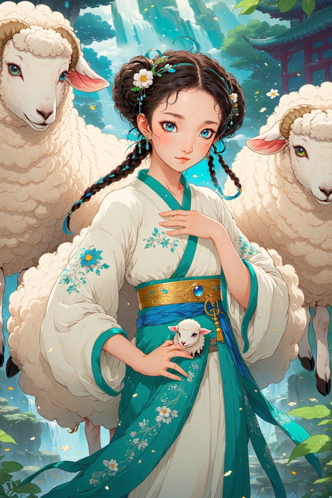 Animals, Anime Style, (Masterpiece: 1.3), Best Quality, Anime Works, Hanfu, Wide Sleeve Elegant Fairy Dress, (Sheep Anthropomorphism), Photo, 8k, Complex, Highly Detailed, Majestic, Digital Photography, Broken Glass, (Fine Detailed Beautiful Eyes: 1.2), HDR, Realistic, High Definition, Animation Style, Key Vision, Vibrant, Studio Animation, Highly Detailed,chinese meticulous ink