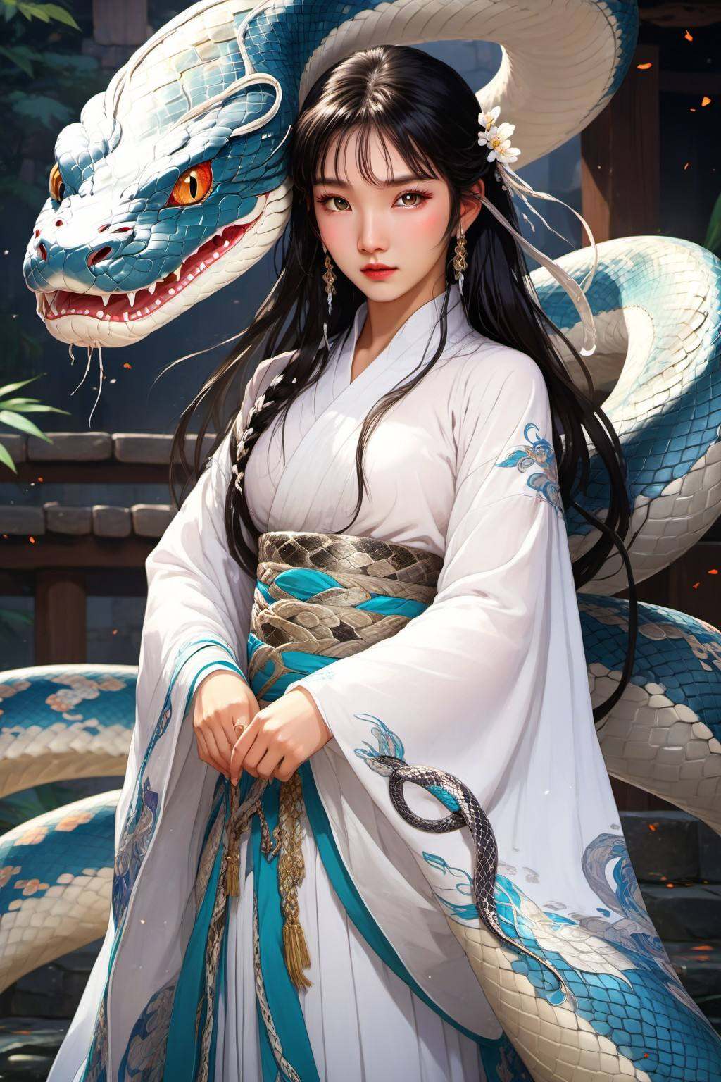 Anime style, (masterpiece: 1.3), best quality, animation works, 1girl, solo, long hair, bangs, hanfu, black hair, wide sleeve flowing fairy skirt, (white snake, python), photos, 8k, complex, highly detailed, majestic, digital photography, broken glass, (fine and beautiful eyes: 1.2), hdr, lifelike, high-definition, animation style, key vision, vibrant, studio animation, highly detailed,<lora:蔚蓝动物:0.7>