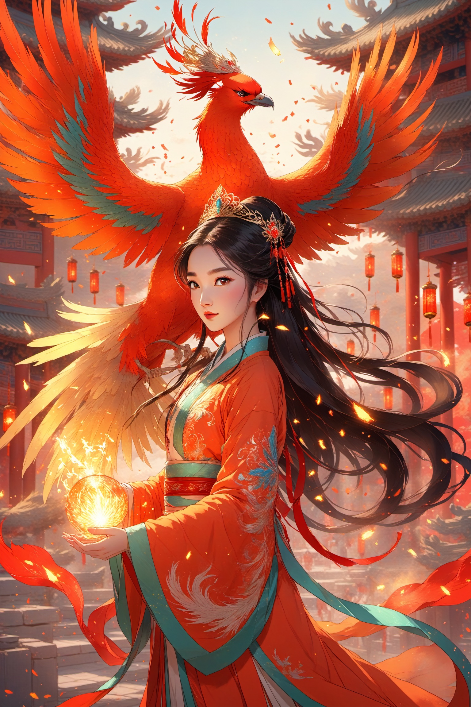  Traditional Chinese Festival, Spring Festival, Firecrackers, Lanterns, Red Background, (Masterpiece: 1.3), Best Quality, Animation Works, 1 Girl, Elegant Long Hair, Solo, Hanfu, Phoenix Crown Charcoal, Black Hair, Wide Sleeves, Majestic, Pride the World, (Long Fei, Phoenix Dance), Photo, 8k, Complex, Highly Detailed, Broken Glass, (Fine and Delicate Beauty Eye: 1.2), High Definition, Puzzle, Key Vision, Vibrant, Puzzle Style, Highly Detailed,