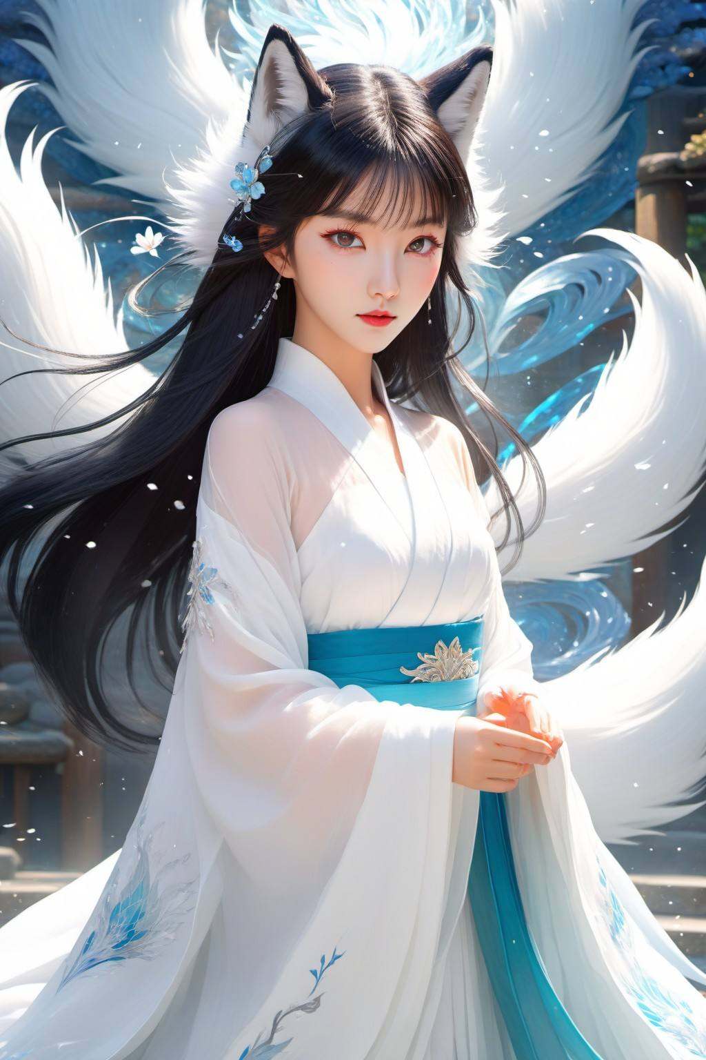 Anime style, (masterpiece: 1.3), best quality, animation works, 1girl, solo, long hair, bangs, hanfu, black hair, wide sleeve flowing fairy skirt, (nine tailed white fox), photos, 8k, complex, highly meticulous, majestic, digital photography, broken glass, (fine and delicate beautiful eyes: 1.2), hdr, lifelike, high-definition, animation style, key vision, vibrant, studio animation, highly detailed,，<lora:蔚蓝动物:0.7>