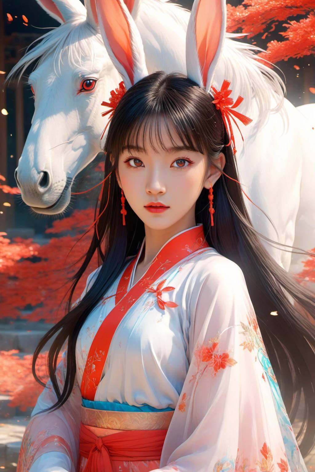Anime style, (masterpiece: 1.3), best quality, animation works, 1girl, solo, long hair, bangs, hanfu, black hair, wide sleeved flowing fairy skirt, (red rabbit horse), photos, 8k, complex, highly detailed, majestic, digital photography, broken glass, (fine and delicate beautiful eyes: 1.2), hdr, lifelike, high-definition, animation style, key vision, vibrant, studio animation, highly detailed，<lora:蔚蓝动物:0.7>
