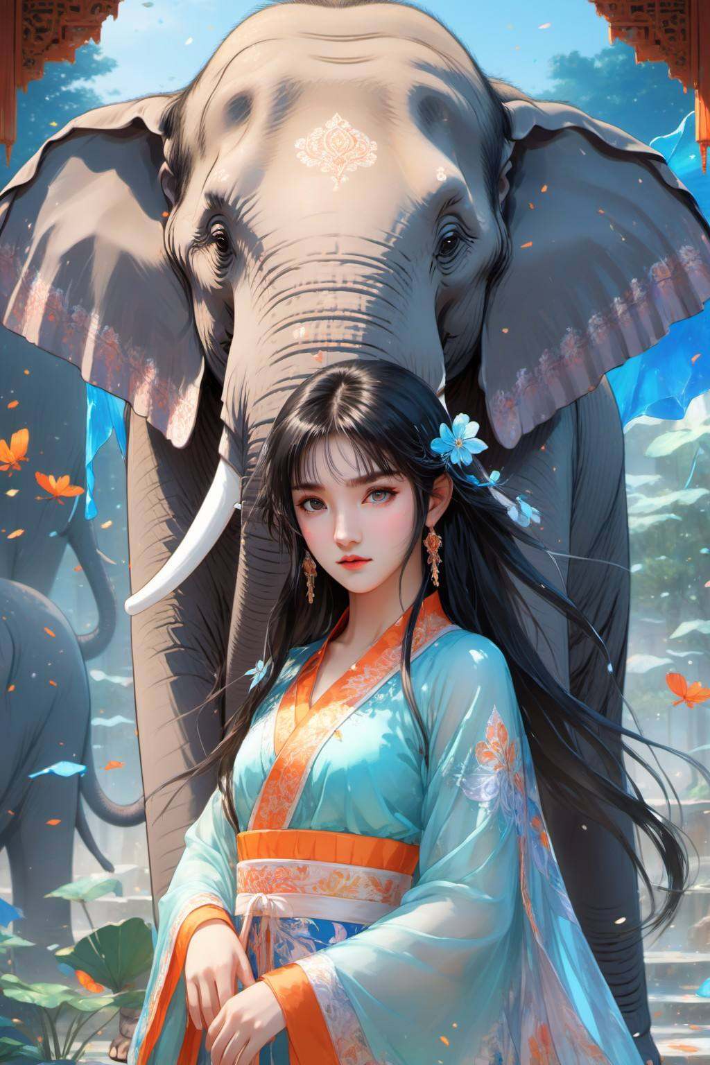 Anime style, (masterpiece: 1.3), best quality, animation works, 1girl, solo, long hair, bangs, hanfu, black hair, wide sleeve flowing fairy skirt, medium hair, (long hair elephant), photos, 8k, complex, highly detailed, majestic, digital photography, broken glass, (fine and delicate beautiful eyes: 1.2), hdr, lifelike, high-definition, animation style, key vision, vibrant, studio animation, highly detailed，<lora:蔚蓝动物:0.7>