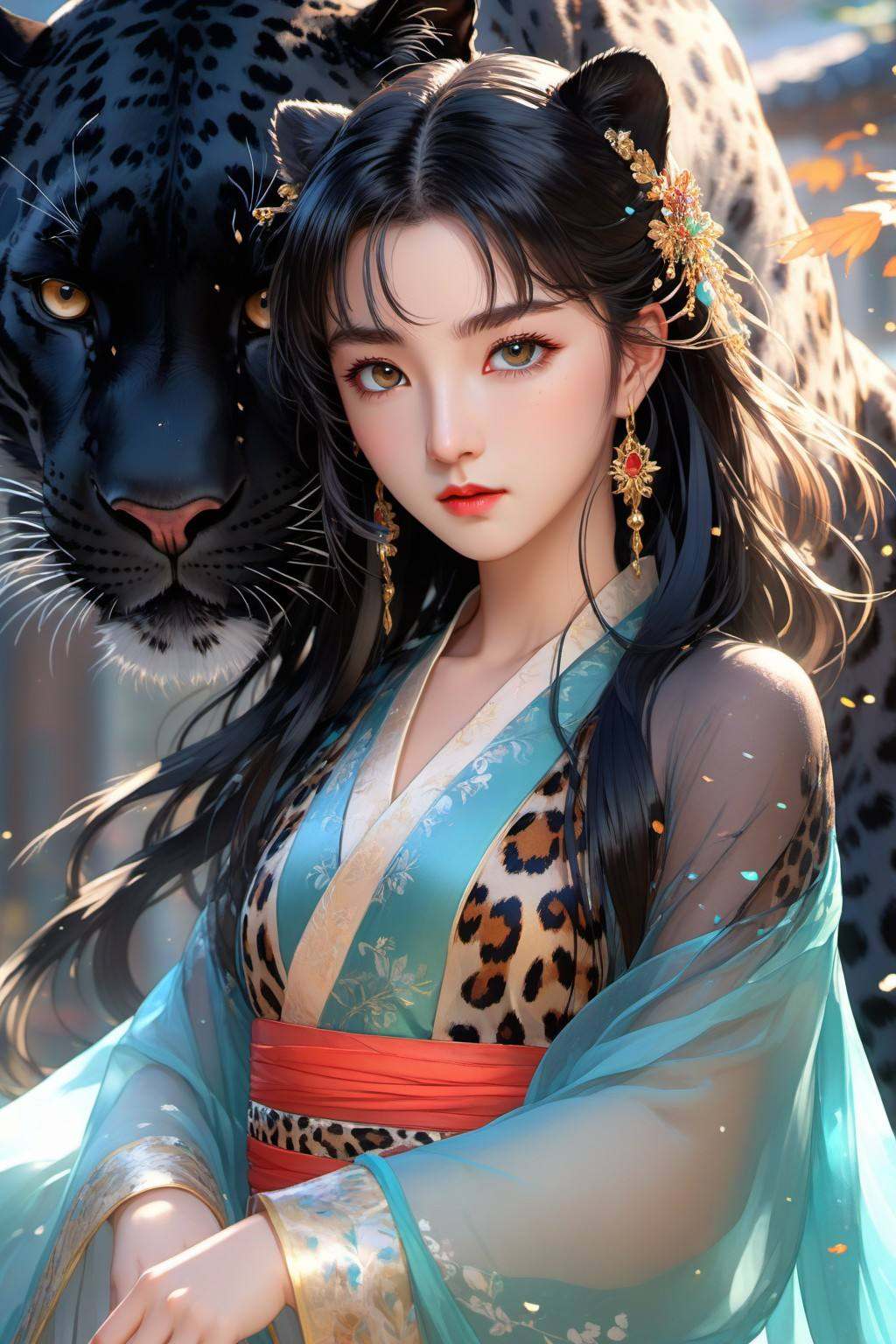 Anime style, (masterpiece: 1.3), best quality, animation works, 1girl, solo, long hair, bangs, hanfu, black hair, wide sleeve flowing fairy skirt, medium hair, black hair, black leopard, photos, 8k, complex, highly detailed, majestic, digital photography, broken glass, (fine and delicate beautiful eyes: 1.2), hdr, lifelike, high-definition, animation style, key vision, vibrant, studio animation, highly detailed<lora:蔚蓝动物:0.7>