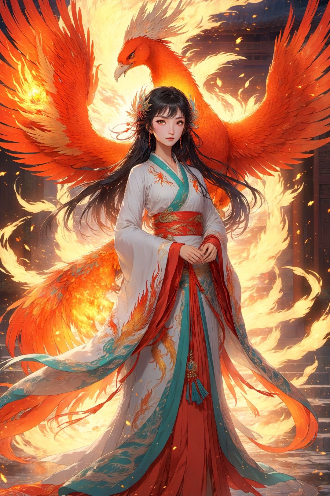  Anime style, (masterpiece: 1.3), best quality, animation works, 1girl, solo, long hair, bangs, hanfu, black hair, wide sleeve flowing fairy skirt, (fire phoenix), photos, 8k, complex, highly detailed, majestic, digital photography, broken glass, (fine and delicate beautiful eyes: 1.2), hdr, lifelike, high-definition, animation style, key vision, vibrant, studio animation, highlydetailed,,,Anime style