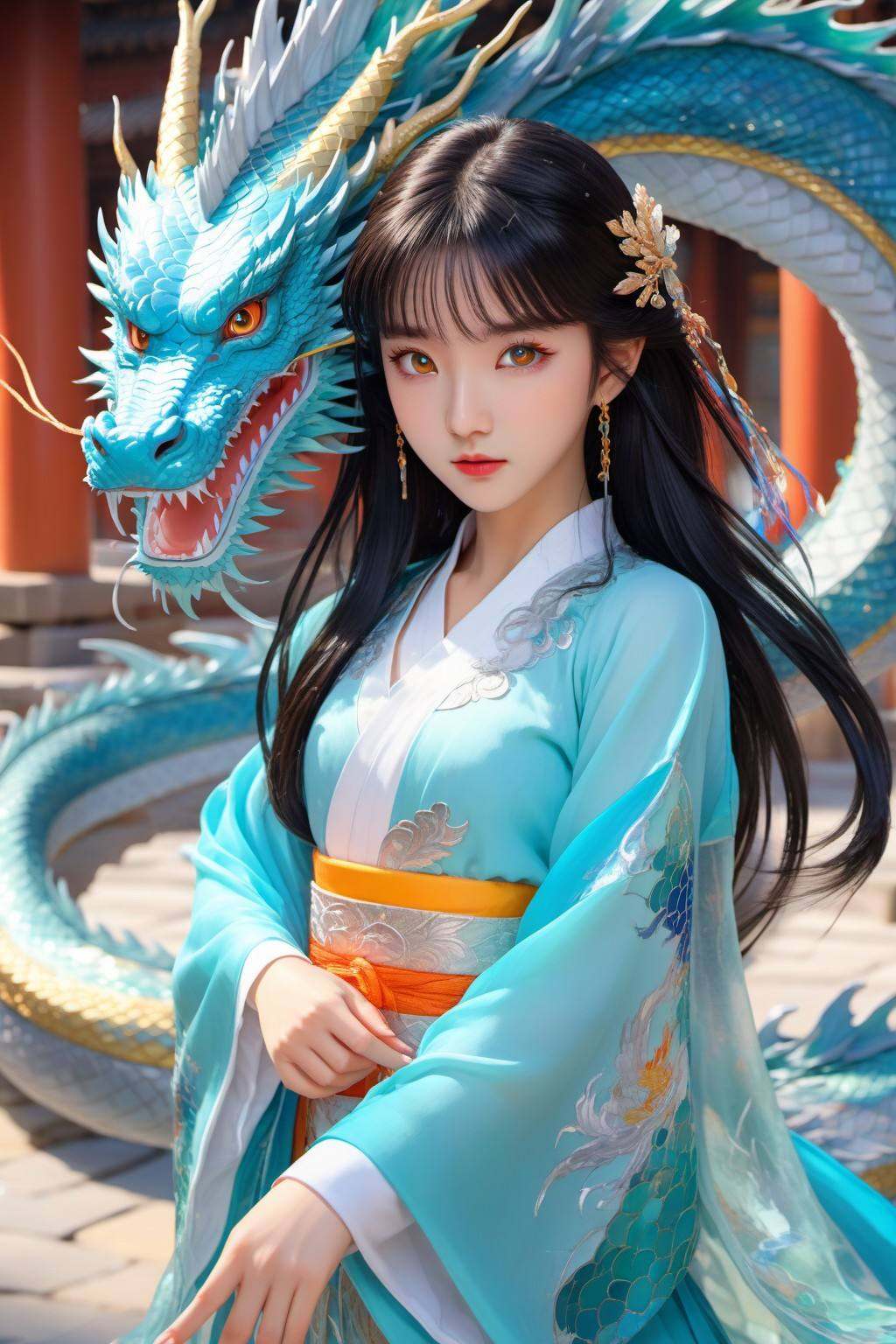 Anime style, (masterpiece: 1.3), best quality, animation works, 1girl, solo, long hair, bangs, hanfu, black hair, wide sleeve flowing fairy skirt, medium hair, scales, oriental dragon, photos, 8k, complex, highly detailed, majestic, digital photography, broken glass, (fine and delicate beautiful eyes: 1.2), hdr, lifelike, high-definition, animation style, key vision, vibrant, studio animation, highly detailed<lora:蔚蓝动物:0.7>
