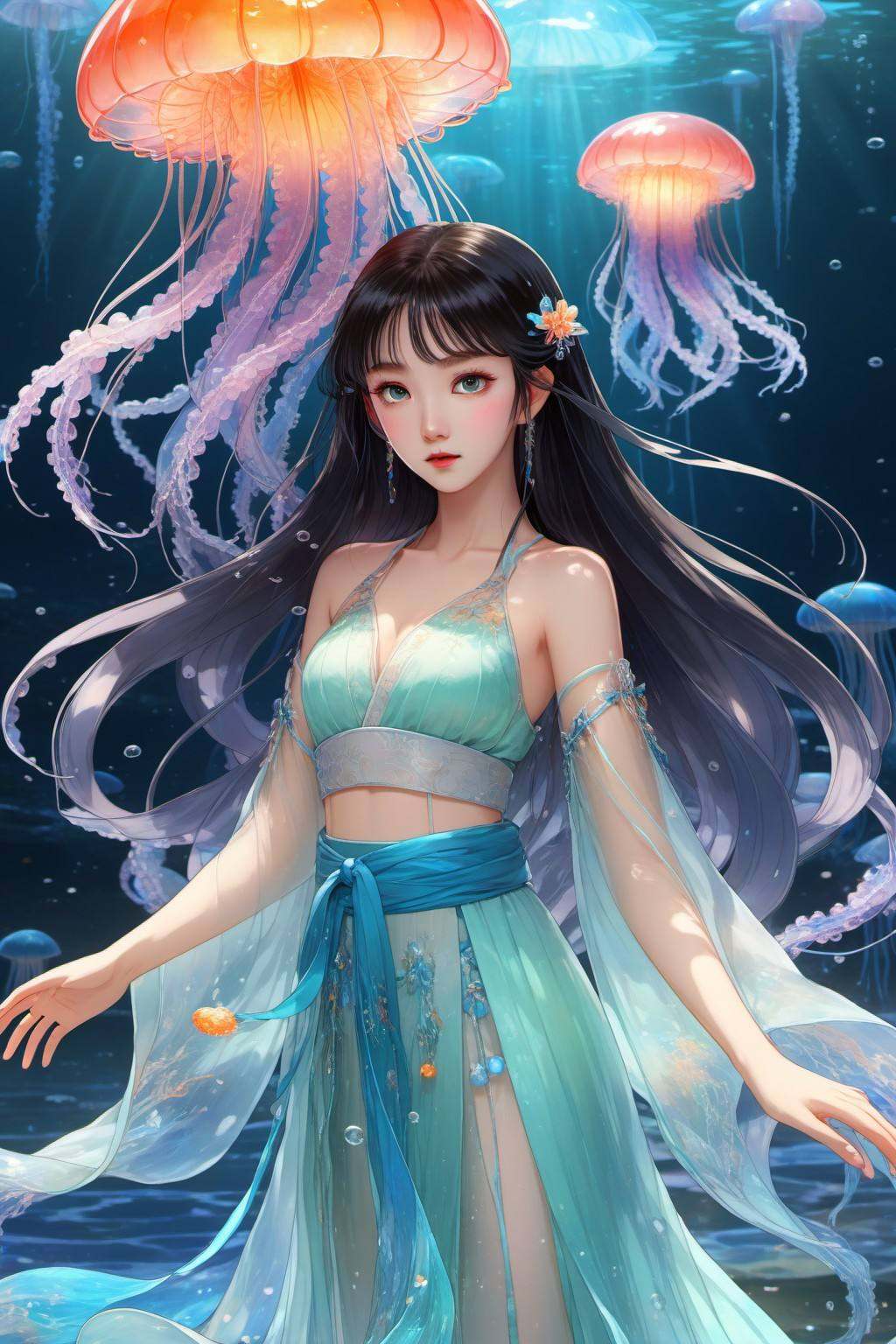 Anime style, (masterpiece: 1.3), best quality, animation works, 1girl, solo, long hair, bangs, hanfu, black hair, wide sleeve flowing fairy skirt, (luminous jellyfish), photos, 8k, complex, highly detailed, majestic, digital photography, broken glass, (fine and delicate beautiful eyes: 1.2), hdr, lifelike, high-definition, animation style, key vision, vibrant, studio animation, highly detailed，<lora:蔚蓝动物:0.7>