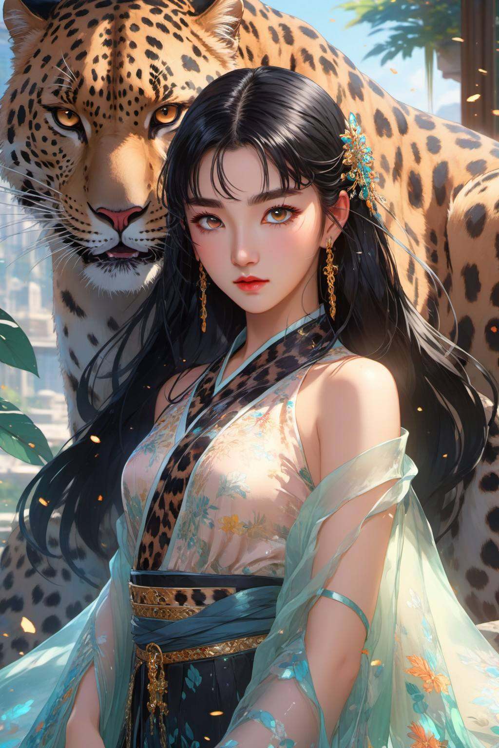 Anime style, (masterpiece: 1.3), best quality, animation works, 1girl, solo, long hair, bangs, hanfu, black hair, wide sleeve flowing fairy skirt, medium hair, black hair, black leopard, photos, 8k, complex, highly detailed, majestic, digital photography, broken glass, (fine and delicate beautiful eyes: 1.2), hdr, lifelike, high-definition, animation style, key vision, vibrant, studio animation, highly detailed<lora:蔚蓝动物:0.7>