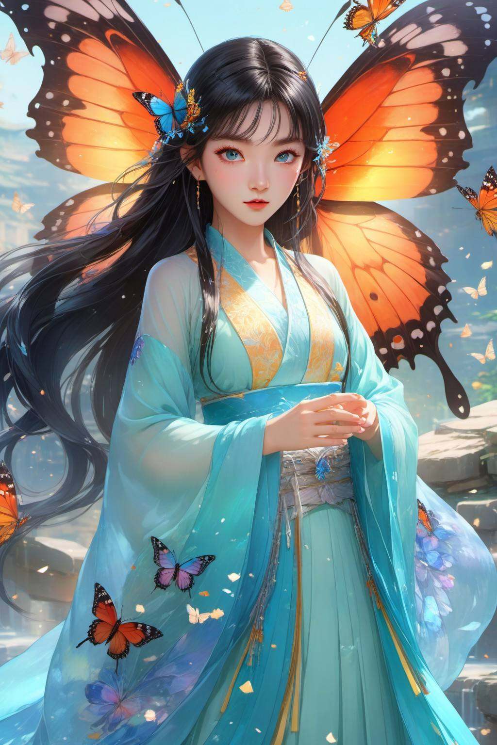 Anime style, (masterpiece: 1.3), best quality, animation works, 1girl, solo, long hair, bangs, hanfu, black hair, wide sleeve flowing fairy skirt, medium hair, (butterfly), photos, 8k, complex, highly detailed, majestic, digital photography, broken glass, (fine and delicate beautiful eyes: 1.2), hdr, lifelike, high-definition, animation style, key vision, vibrant, studio animation, highly detailed，<lora:蔚蓝动物:0.7>