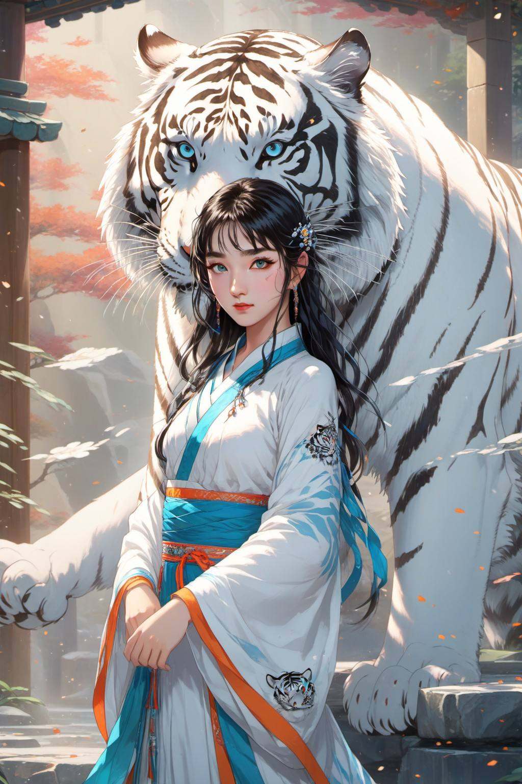 Anime style, (masterpiece: 1.3), best quality, animation works, 1girl, solo, long hair, bangs, hanfu, black hair, wide sleeved flowing fairy skirt, (white tiger), photos, 8k, complex, highly meticulous, majestic, digital photography, broken glass, (fine and meticulous beautiful eyes: 1.2), hdr, lifelike, high-definition, animation style, key vision, vibrant, studio animation, highly detailed，<lora:蔚蓝动物:0.7>