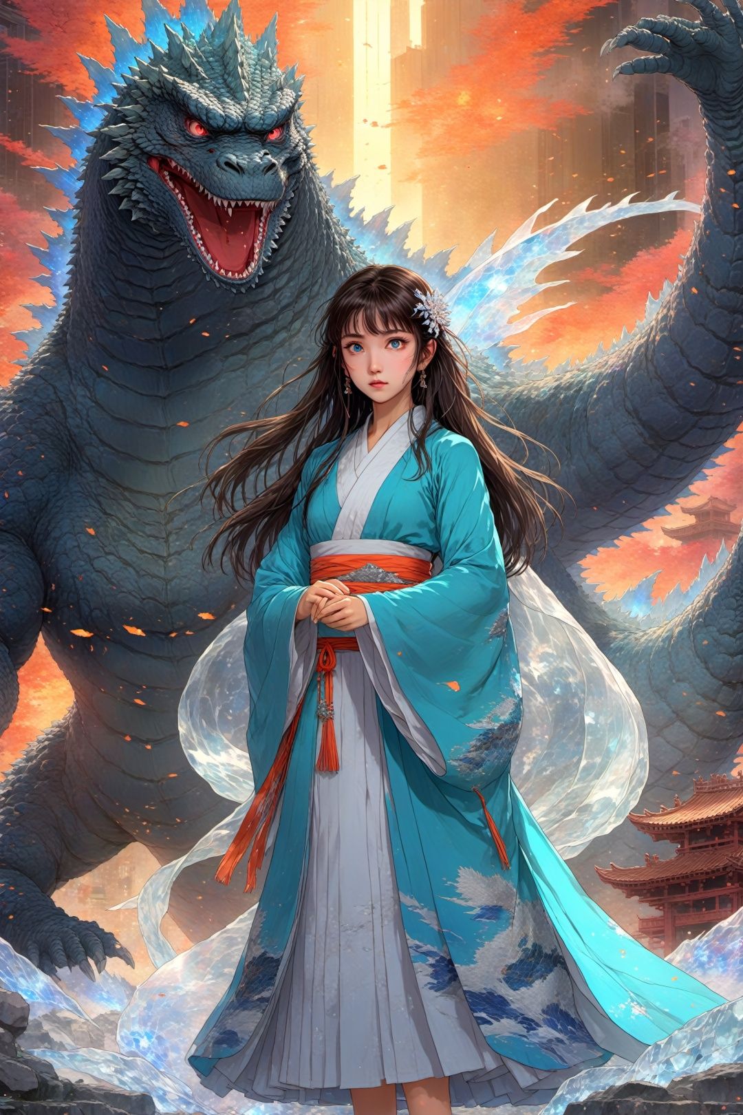  Anime style, (masterpiece: 1.3), best quality, anime works, 1girl, solo, long hair, bangs, hanfu, brunette, wide-sleeved flowing fairy skirt, (Godzilla), photo, 8k, complex, highly detailed, majestic, digital photography, broken glass, (fine and delicate beautiful eyes: 1.2), hdr, realistic, high definition, anime style, key visual, vibrant, studio animation, highly detailed,