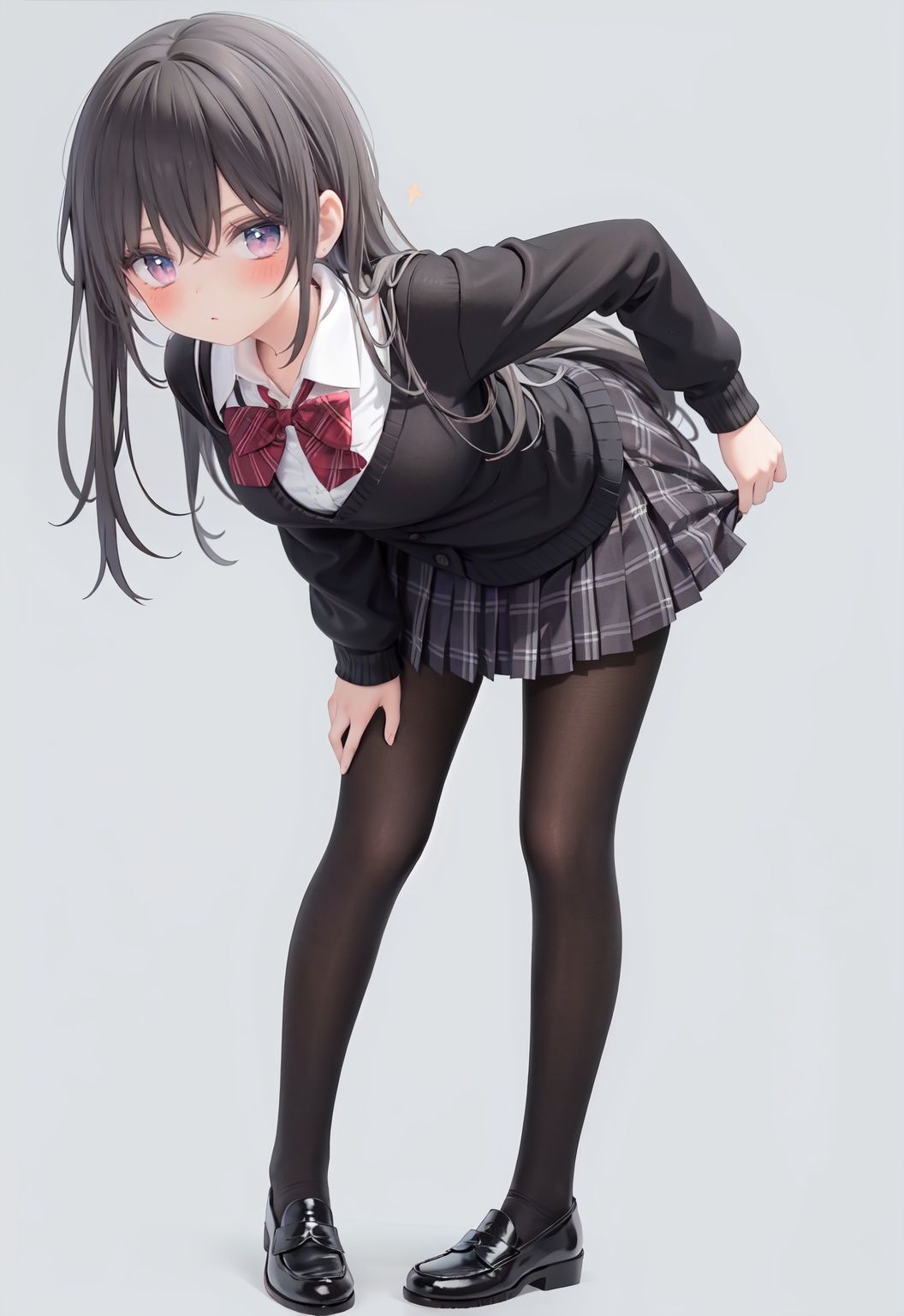  1girl, solo, pantyhose, skirt, long hair, loafers, shoes, simple background, school uniform, brown eyes, plaid, black pantyhose, plaid skirt, looking at viewer, black hair, pantyhose pull, full body, clothes pull, black footwear, pleated skirt, leaning forward, bangs, long sleeves, bent over, cardigan, bow, bowtie, standing, closed mouth, pulled by self, grey background, blush, miniskirt, red bow, sweater, **********