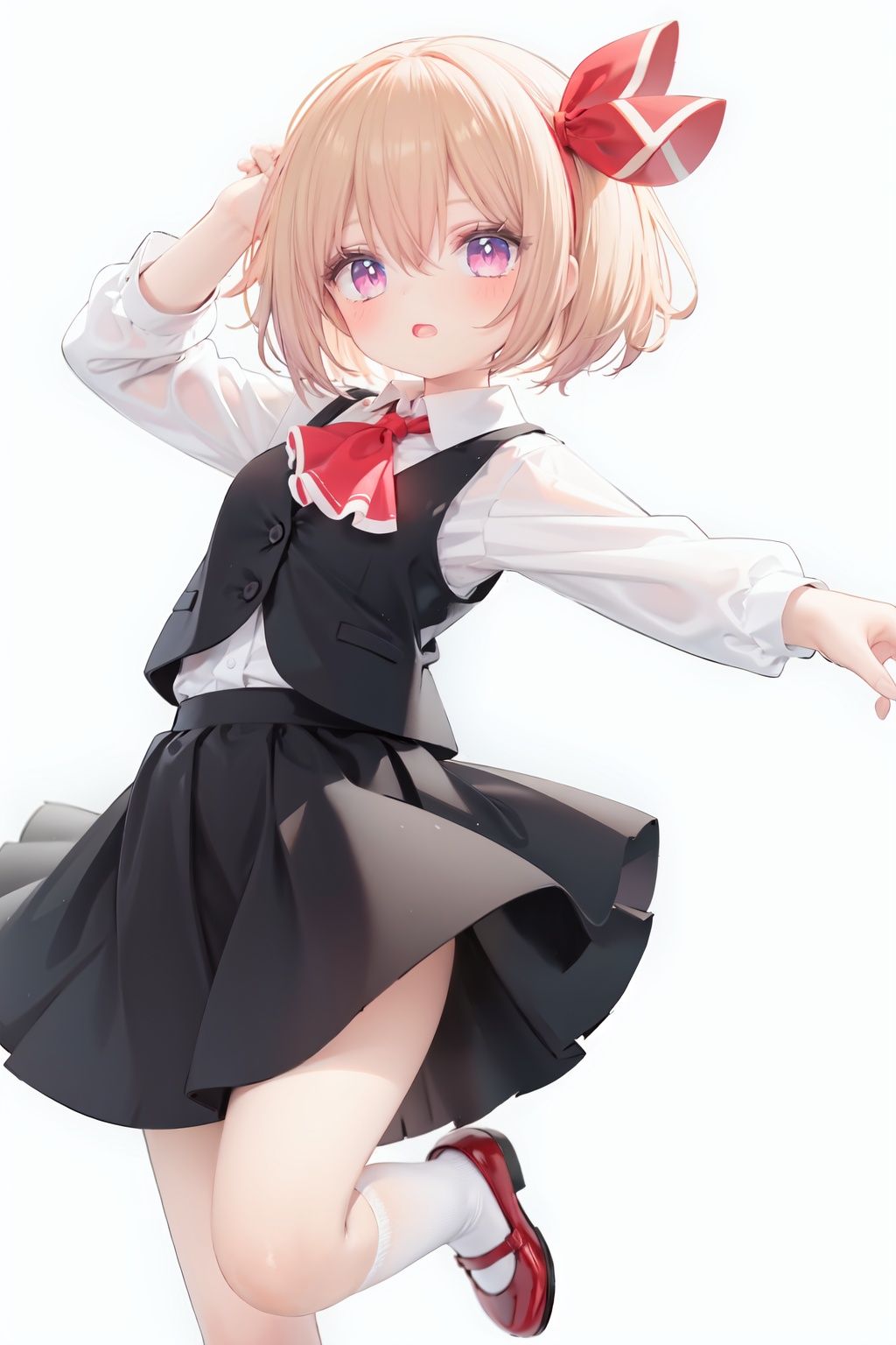  1girl, rumia, blonde hair, solo, white background, red eyes, red footwear, simple background, ascot, short hair, ribbon, open mouth, hair ribbon, smile, long sleeves, shirt, looking at viewer, red ascot, white socks, white shirt, red ribbon, shoes, socks, frills, bangs, outstretched arms, hair between eyes, skirt, :d, dress, vest, mary janes, black dress, black skirt, collared shirt, black vest, blush