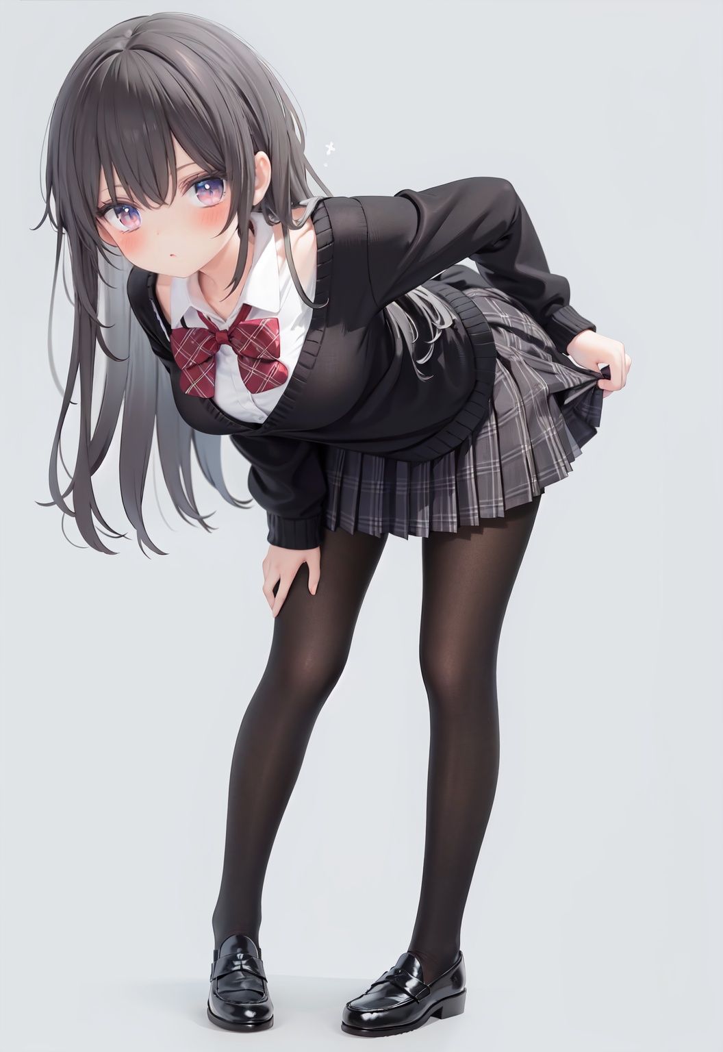  1girl, solo, pantyhose, skirt, long hair, loafers, shoes, simple background, school uniform, brown eyes, plaid, black pantyhose, plaid skirt, looking at viewer, black hair, pantyhose pull, full body, clothes pull, black footwear, pleated skirt, leaning forward, bangs, long sleeves, bent over, cardigan, bow, bowtie, standing, closed mouth, pulled by self, grey background, blush, miniskirt, red bow, sweater, **********