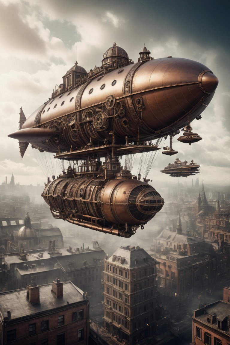 RAW photo | steampunk future cityscape with large flying zeppelin | detailed,  steampunk technological architecture on Ten...