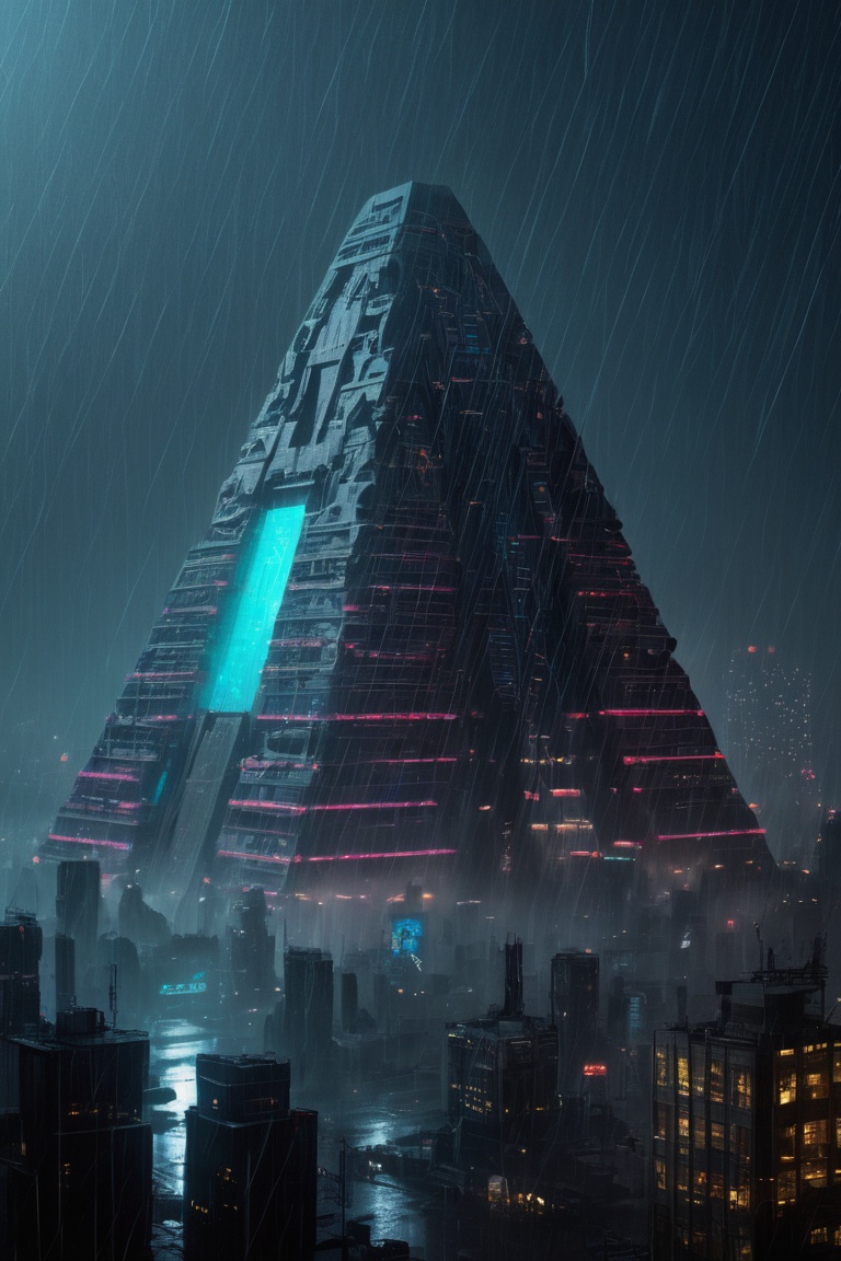 RAW photo | future cityscape with giant pyramid,  neon lights,  rainy | detailed on Tensor.Art