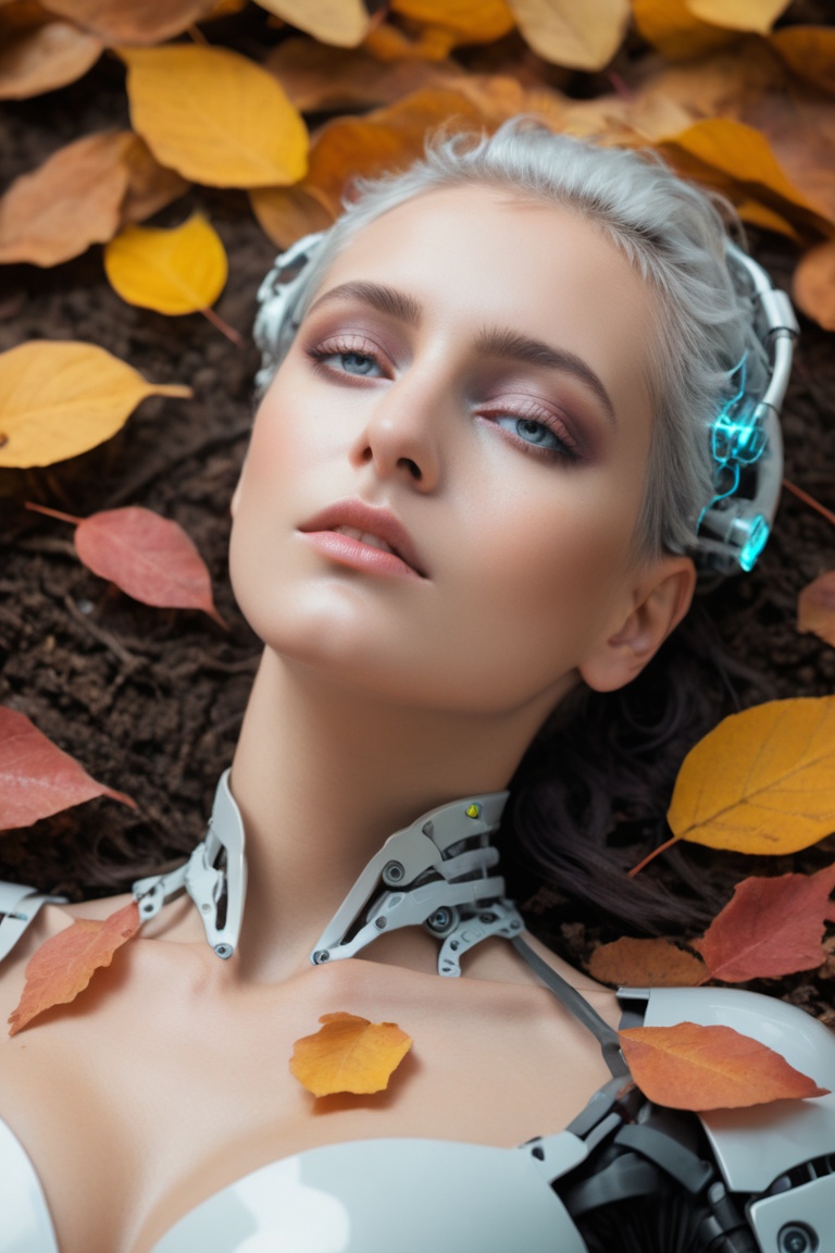 RAW photo | a beautiful cybernetic woman lounging on an overcast Autumn day,  pastel flower petals streaming down from her...