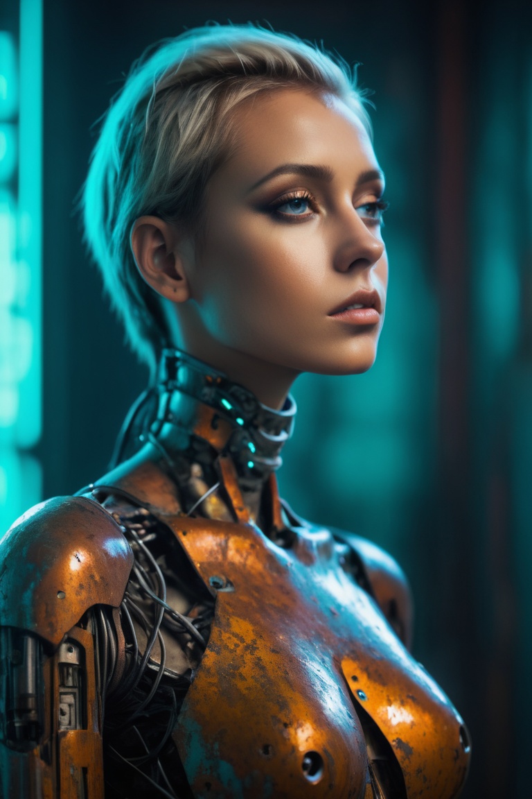 a beautiful sensuous cybernetic woman,  rusted corroded metal body panels,  || angled shot on Tensor.Art
