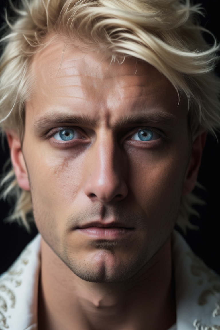 cinematic RAW photo of a man with blonde hair and a crazy look in his eyes | Natural Light,  | high definition,  super det...